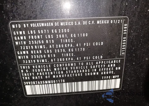 2021 Volkswagen Tiguan 2.0T Se/2.0T Se R-Line Black/2.0T Sel из США, поврежденный, VIN 3VV2B7AX5MM061176